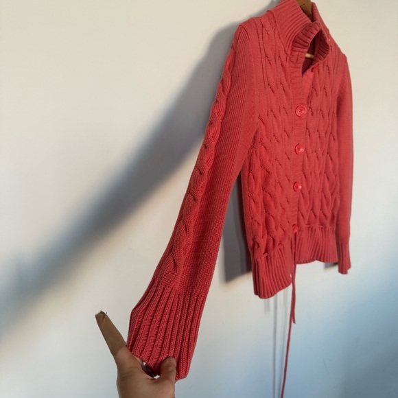 Vintage VTG Style & Co Coral Cable Knit Tie Waist Button Up Cardigan Sweater - Picture 9 of 15